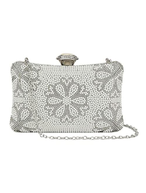 Girly Handbags Womens Beaded Flowers Pearl Box Clutch Bag