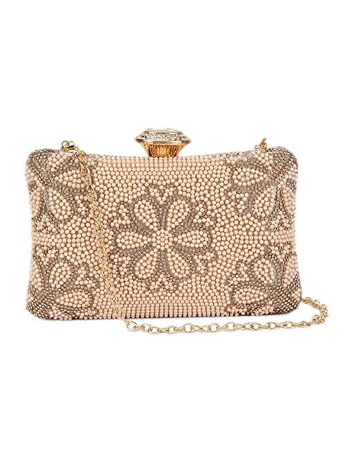 Girly Handbags Womens Beaded Flowers Pearl Box Clutch Bag