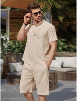 Men Half Button Shirt & Drawstring Waist Shorts