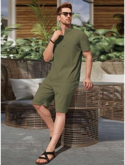 Men Half Button Shirt & Drawstring Waist Shorts