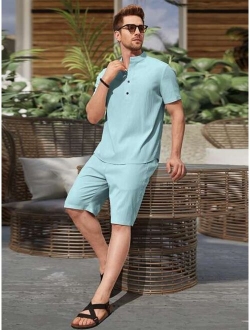 Men Half Button Shirt & Drawstring Waist Shorts