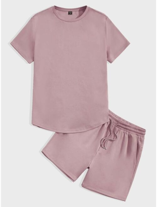 SHEIN Men Solid Tee And Drawstring Waist Track Shorts Set