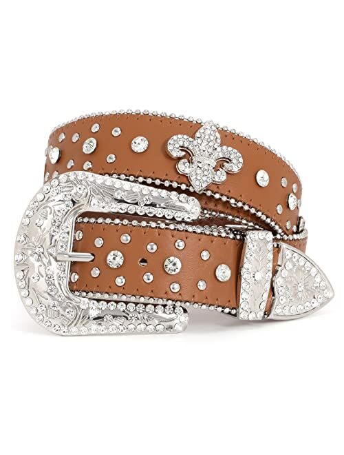 JASGOOD Rhinestone Studded Western Leather Belt for Cowgirl Cowboy Vintage Bling Belt for Pants Dress