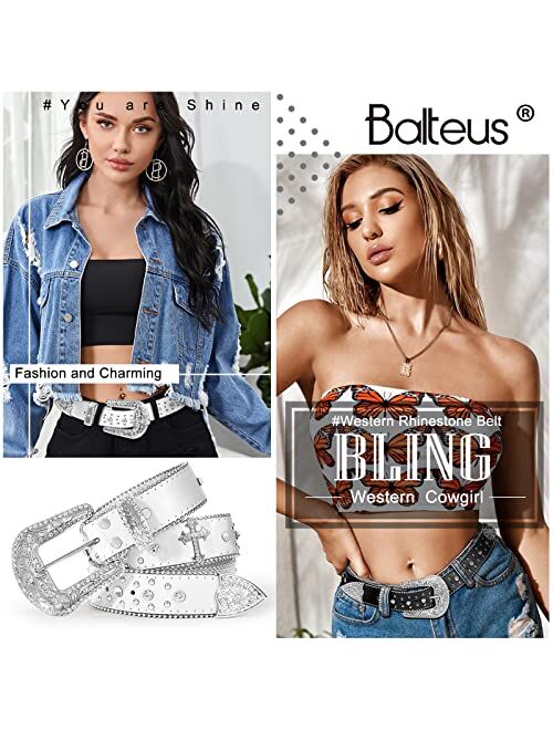 Balteus Women Men Rhinestone Belt,Fashion Western Cowgirl Cowboy Bling Studded Design Leather Belt Diamond Belt for Jeans