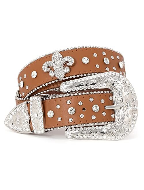 Balteus Women Men Rhinestone Belt,Fashion Western Cowgirl Cowboy Bling Studded Design Leather Belt Diamond Belt for Jeans