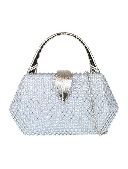 Girly Handbags Womens Glitter Leaf Compact Metallic Handle Clutch Bag