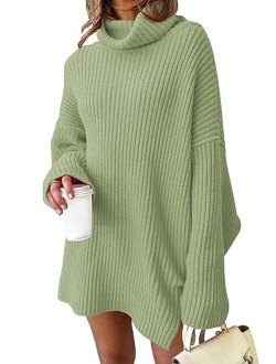 LILLUSORY Women Turtleneck Batwing Sleeve Sweater Mini Dress Cozy Oversized Tunic Pullover Long Knit Tops