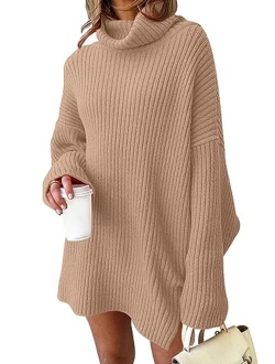 LILLUSORY Women Turtleneck Batwing Sleeve Sweater Mini Dress Cozy Oversized Tunic Pullover Long Knit Tops