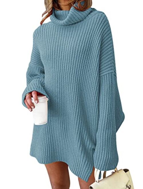 LILLUSORY Women Turtleneck Batwing Sleeve Sweater Mini Dress Cozy Oversized Tunic Pullover Long Knit Tops