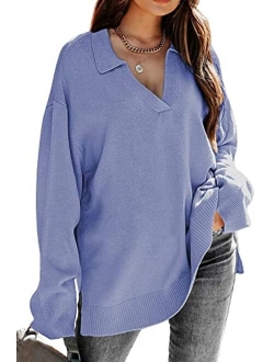 LILLUSORY Womens V Neck Collared Oversized Fall Sweater 2022 Sexy Long Sleeve Knit Pullover Tunic Sweaters Top