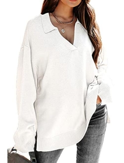 LILLUSORY Womens V Neck Collared Oversized Fall Sweater 2022 Sexy Long Sleeve Knit Pullover Tunic Sweaters Top