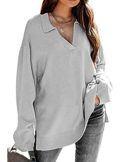 LILLUSORY Womens V Neck Collared Oversized Fall Sweater 2022 Sexy Long Sleeve Knit Pullover Tunic Sweaters Top