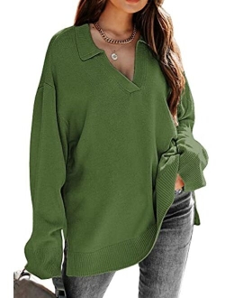 LILLUSORY Womens V Neck Collared Oversized Fall Sweater 2022 Sexy Long Sleeve Knit Pullover Tunic Sweaters Top