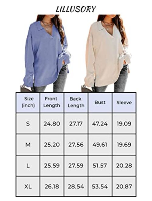 LILLUSORY Womens V Neck Collared Oversized Fall Sweater 2022 Sexy Long Sleeve Knit Pullover Tunic Sweaters Top