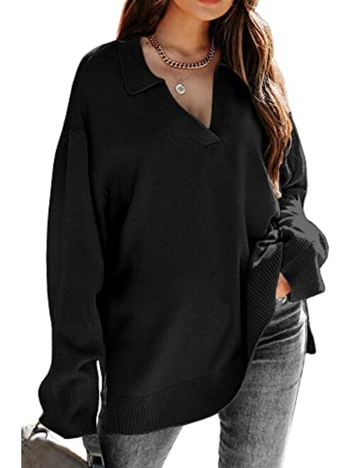 LILLUSORY Womens V Neck Collared Oversized Fall Sweater 2022 Sexy Long Sleeve Knit Pullover Tunic Sweaters Top