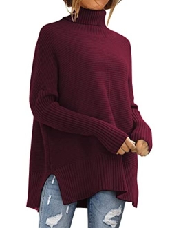 LILLUSORY Womens Turtleneck Oversized Tunic Fall Sweaters 2022 Long Batwing Sleeve Spilt Hem Pullover Knit Sweater Tops