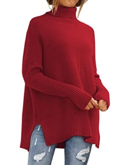 LILLUSORY Womens Turtleneck Oversized Tunic Fall Sweaters 2022 Long Batwing Sleeve Spilt Hem Pullover Knit Sweater Tops