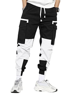 Men's Colorblock Cargo Pants Drawstring Waist Active Sporty Pants with Pockets