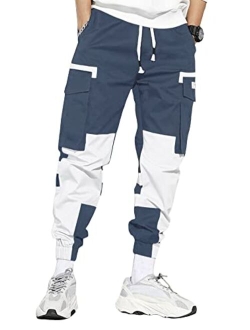 Men's Colorblock Cargo Pants Drawstring Waist Active Sporty Pants with Pockets