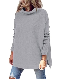 LILLUSORY Women's Mock Turtleneck Casual Oversized Sweater Long Batwing Sleeve Spilt Hem Ribbed Knit Pullover Tops