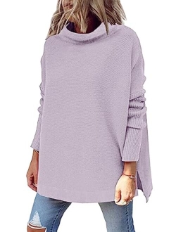 LILLUSORY Women's Mock Turtleneck Casual Oversized Sweater Long Batwing Sleeve Spilt Hem Ribbed Knit Pullover Tops