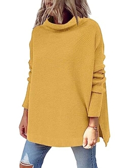 LILLUSORY Women's Mock Turtleneck Casual Oversized Sweater Long Batwing Sleeve Spilt Hem Ribbed Knit Pullover Tops