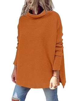 LILLUSORY Women's Mock Turtleneck Casual Oversized Sweater Long Batwing Sleeve Spilt Hem Ribbed Knit Pullover Tops