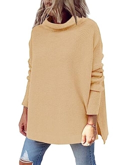 LILLUSORY Women's Mock Turtleneck Casual Oversized Sweater Long Batwing Sleeve Spilt Hem Ribbed Knit Pullover Tops