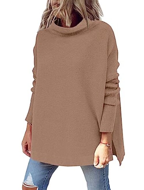 LILLUSORY Women's Mock Turtleneck Casual Oversized Sweater Long Batwing Sleeve Spilt Hem Ribbed Knit Pullover Tops