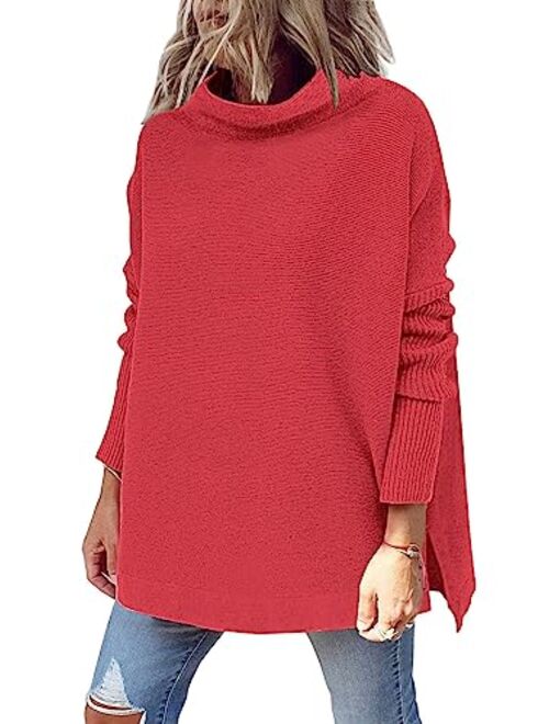 LILLUSORY Women's Mock Turtleneck Casual Oversized Sweater Long Batwing Sleeve Spilt Hem Ribbed Knit Pullover Tops