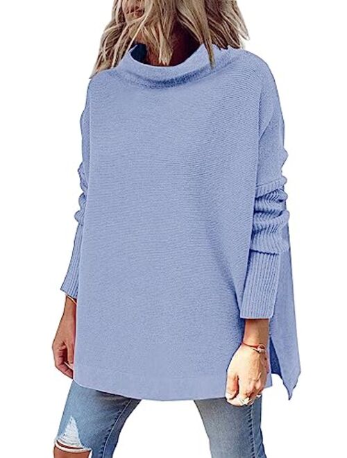 LILLUSORY Women's Mock Turtleneck Casual Oversized Sweater Long Batwing Sleeve Spilt Hem Ribbed Knit Pullover Tops