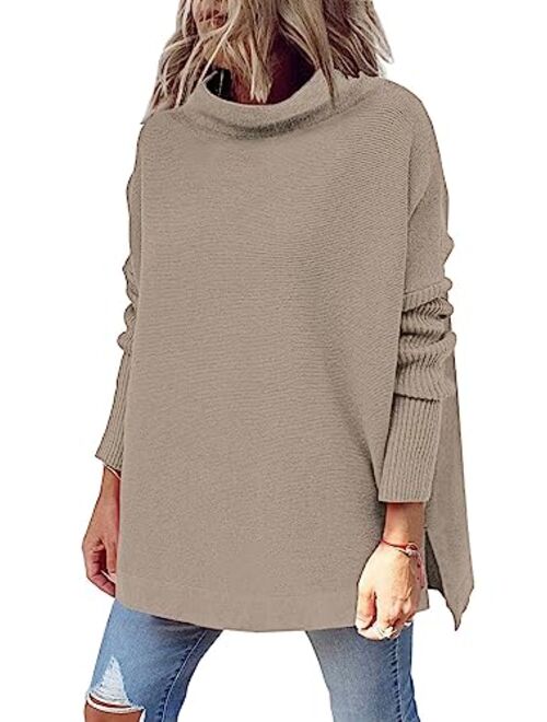 LILLUSORY Women's Mock Turtleneck Casual Oversized Sweater Long Batwing Sleeve Spilt Hem Ribbed Knit Pullover Tops