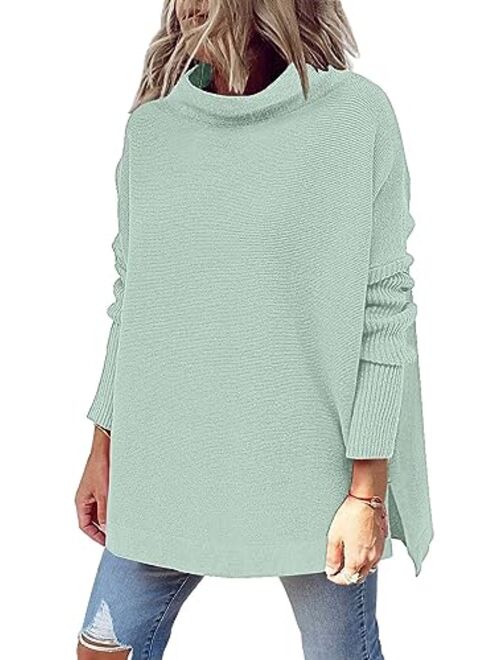 LILLUSORY Women's Mock Turtleneck Casual Oversized Sweater Long Batwing Sleeve Spilt Hem Ribbed Knit Pullover Tops