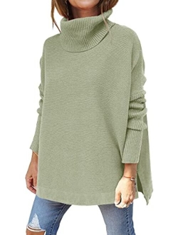 LILLUSORY Women's Turtleneck Oversized Sweaters 2022 Fall Long Batwing Sleeve Spilt Hem Tunic Pullover Sweater Knit Tops