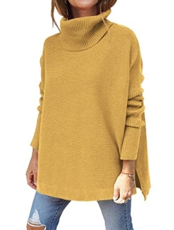 LILLUSORY Women's Turtleneck Oversized Sweaters 2022 Fall Long Batwing Sleeve Spilt Hem Tunic Pullover Sweater Knit Tops