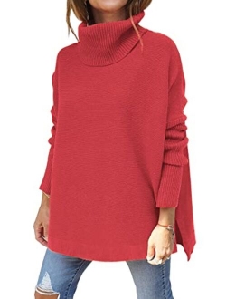 LILLUSORY Women's Turtleneck Oversized Sweaters 2022 Fall Long Batwing Sleeve Spilt Hem Tunic Pullover Sweater Knit Tops