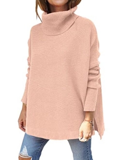 LILLUSORY Women's Turtleneck Oversized Sweaters 2022 Fall Long Batwing Sleeve Spilt Hem Tunic Pullover Sweater Knit Tops