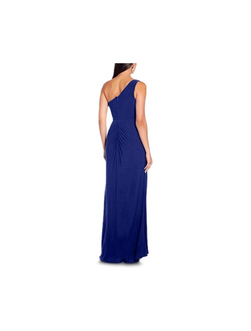 Adrianna Papell One-Shoulder Side-Drape Cascade Matte Jersey Gown