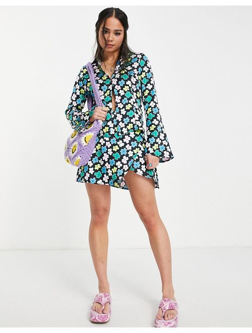 COLLUSION satin fluted sleeve open shirt in floral print - part of a set