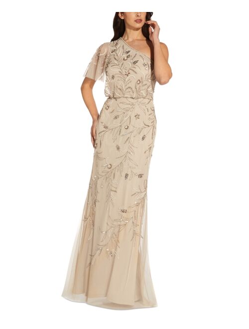 Adrianna Papell One-Shoulder Beaded Blouson Gown