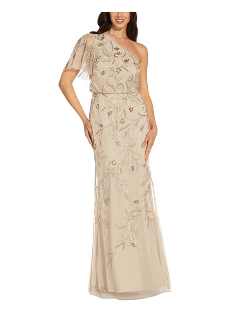 Adrianna Papell One-Shoulder Beaded Blouson Gown