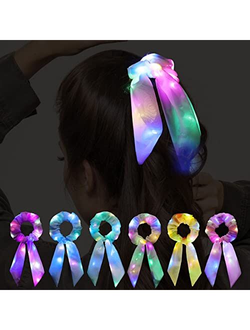 Yl Mainland Neon Light Up Bow Scrunchies for Girls, Cute Led Hair Scrunchie Ponytail Holders Scarf Hair Ties Women Rave Accessories Glow in the Dark Party Favors Supplies