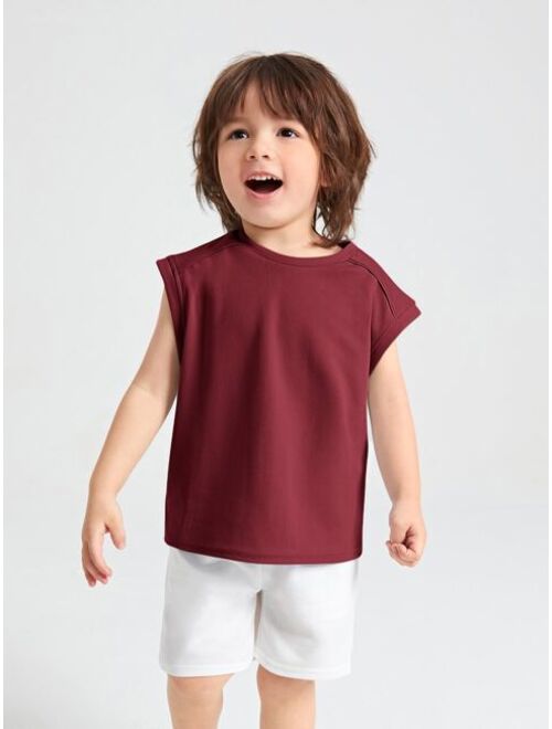 SHEIN BASICS Toddler Boys Round Neck Solid Tank Top