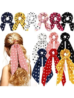 Mtlee 12 Pieces Hair Scarf Scrunchies Hair Bow Scrunchies for Girls Women Hair Scrunchies with Bow Bunny Ear Satin Bowknot Elastic Hair Bands Bow Hair Ties Ponytail Holde