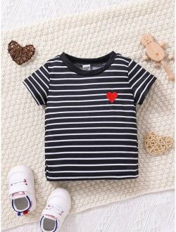 Baby Striped Print Heart Embroidery Tee