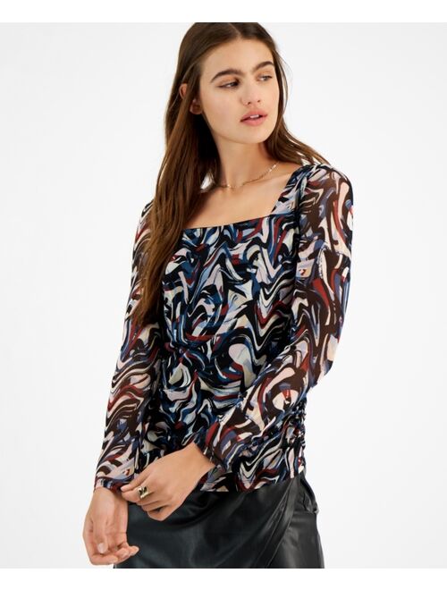 Bar III Women's Square Neck Marble Mesh Top, Created for Macy's