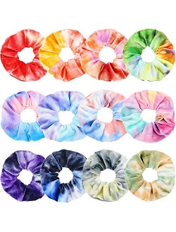 IVARYSS Scrunchies for Girls, 12 Pcs Tie Dye Velvet Scrunchies for Hair, Soft Rainbow Ponytail Holder, Cute Candy Colors Elastic Hair Bands for Teens and Women