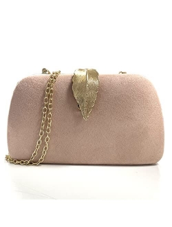 Clutch Purses For Women, Solid Soft Suede Evening Clutch Bag Shoulder Bag With Metallic Leaves Clasp