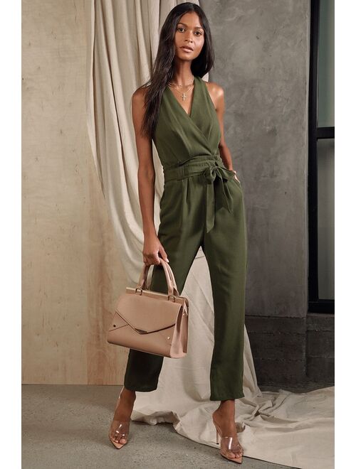 Lulus In the City Olive Green Surplice Sleeveless Jumpsuit