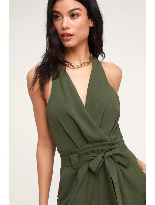 Lulus In the City Olive Green Surplice Sleeveless Jumpsuit